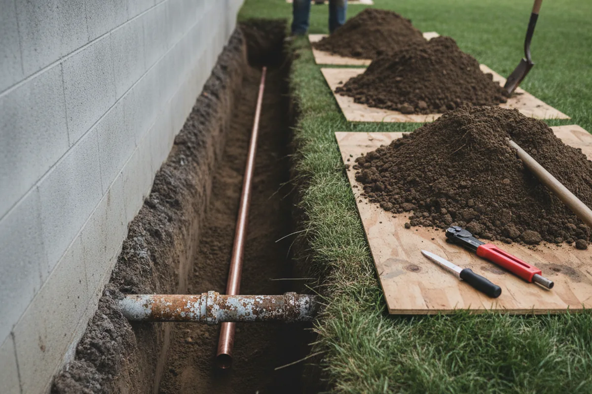 Excavated water line trench during Sewer Line Repair in Joelton